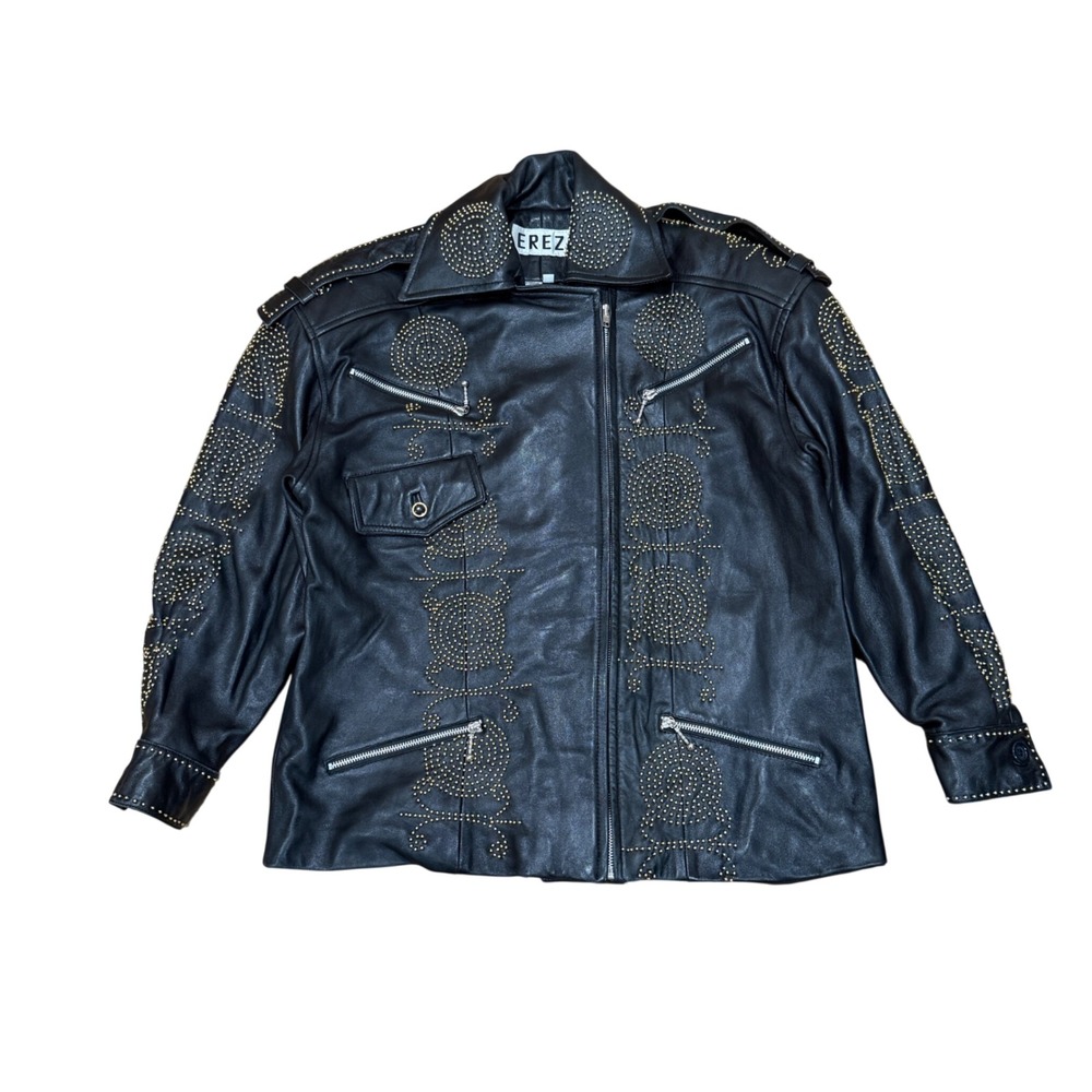 VTG 80s EREZ Hand Beaded Leather Motorcycle Jacket Men L Large Archival Black